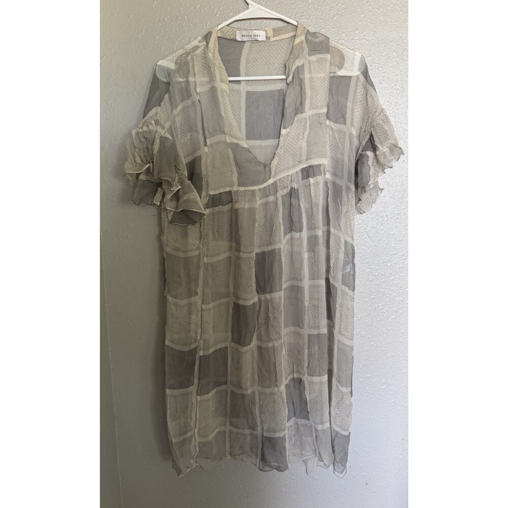 Megan Park Gray 100% Silk Sheer Square Print Ruffle Sleeve Dress Sz 2